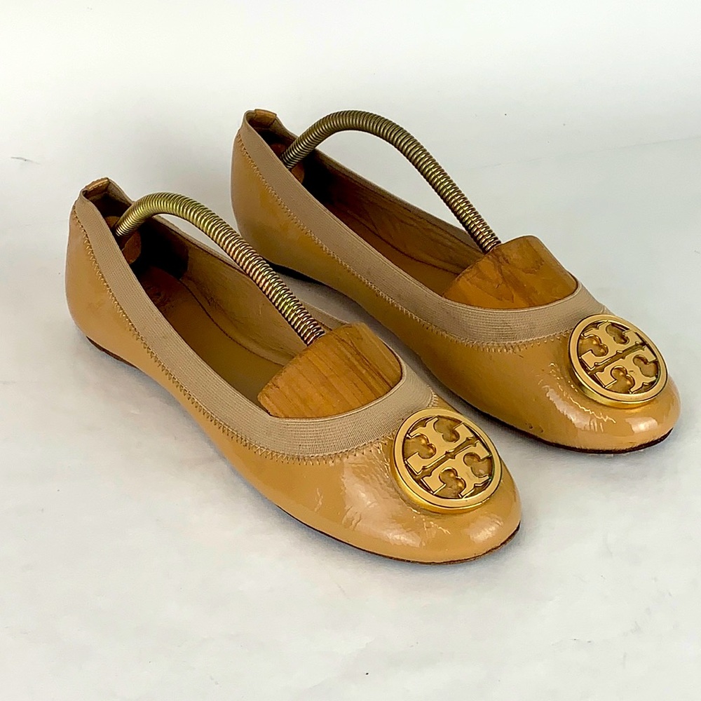 Tory Burch Tan Flats with Gold Logo